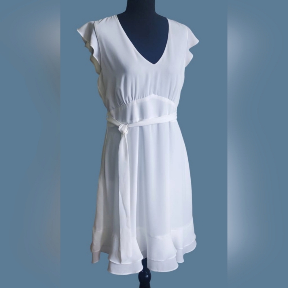 Design Lab Lord & Taylor Off White Summer Dress Flutter Sleeves Belted Tiered
